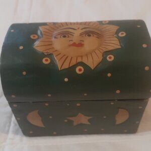 Vintage Wooden Trinket/Jewelry Box with Sun, Stars and Yin Yang Motifs